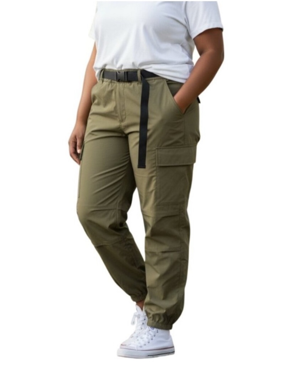 Halara Nylon Cargo Jogger~Size Large~Olive Green with Adjustable belt XL NWT